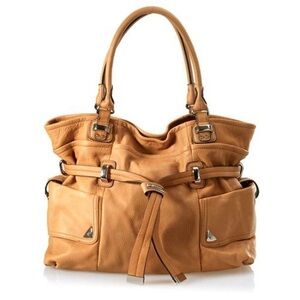 B. MAKOWSKY EDEN CAMEL TAN PEBBLED LEATHER SLOUCHY OVERSIZED SHOPPER TOTE BAG